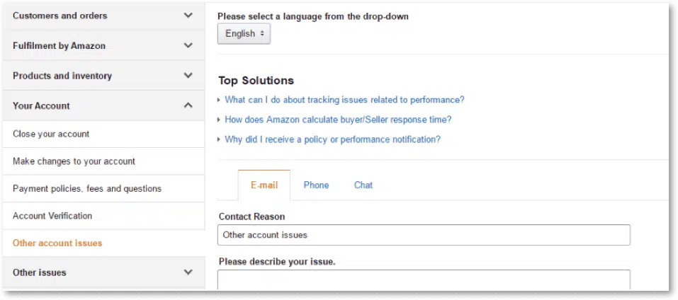 Image showing the section within Amazon Seller Central to contact the Support team.